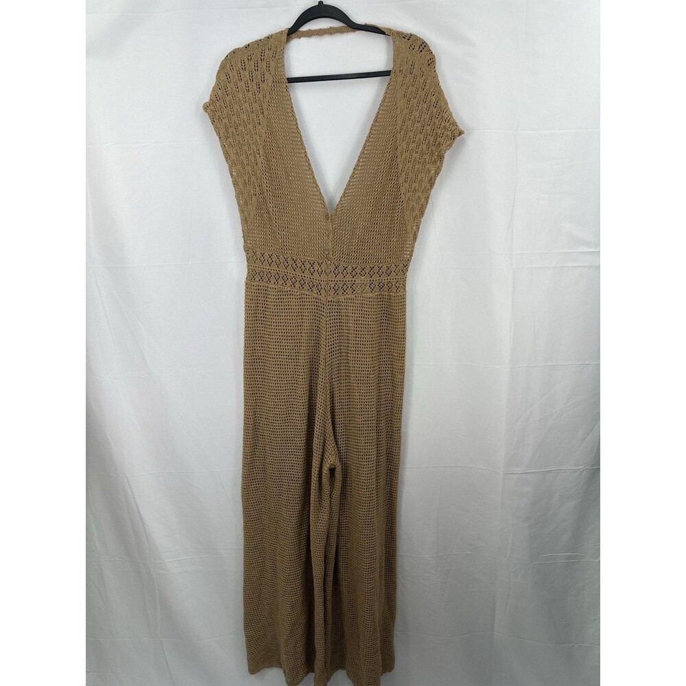 American Eagle Crochet Jumpsuit Tan Knit Wide Leg Boho Festival Cover Up Size XL - Picture 2 of 9